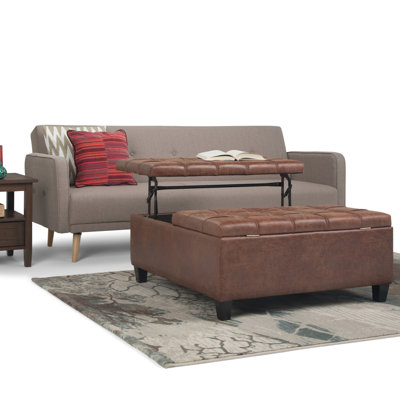 Harrison 36"W Upholstered Vegan Leather Transitional Square Lift-Top Ottoman with Hidden Storage