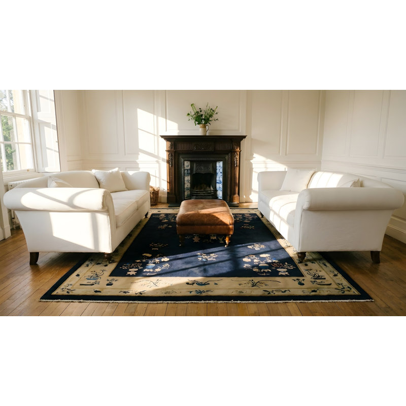 Wool Rectangle 1920s Hand Knotted Pile Blue Ivory Beige Cream White Antique Rug