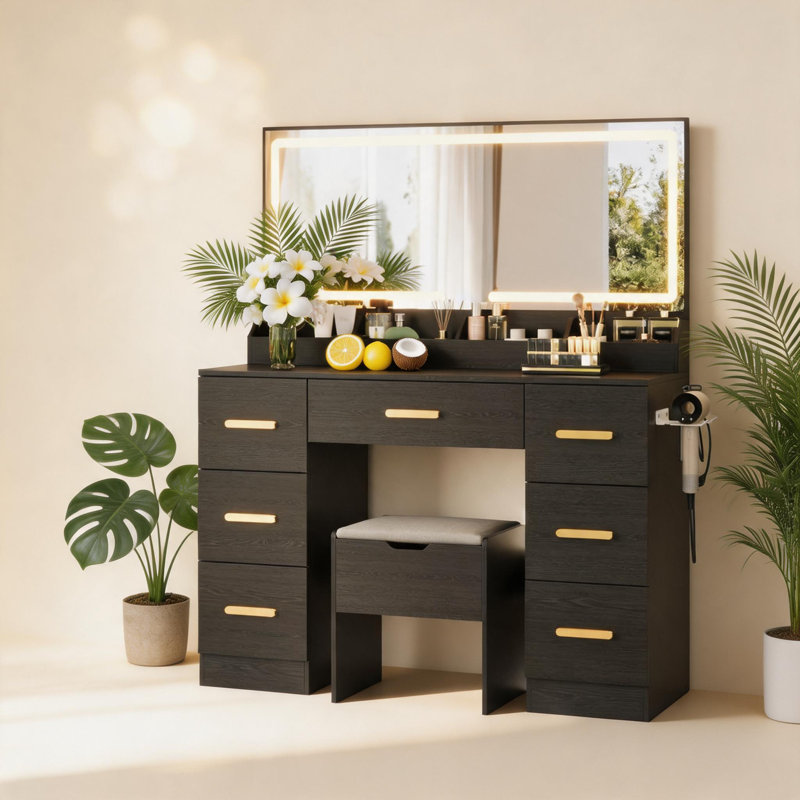 Vanity Desk with Large Mirror and Lights, 45.9 in Makeup Vanity Desk, 3 Lighting Modes Adjustable Brightness, Vanity Table with Power Outlet & 8 Drawers, for Powder Room and Bedroom.