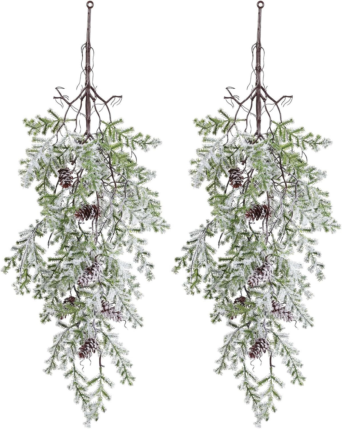 TSYFM Christmas Teardrop Swags - 2 Pack 21.6" Artificial Pine Swag With Red Berries, Bow & Pinecones For Door & Table Decor