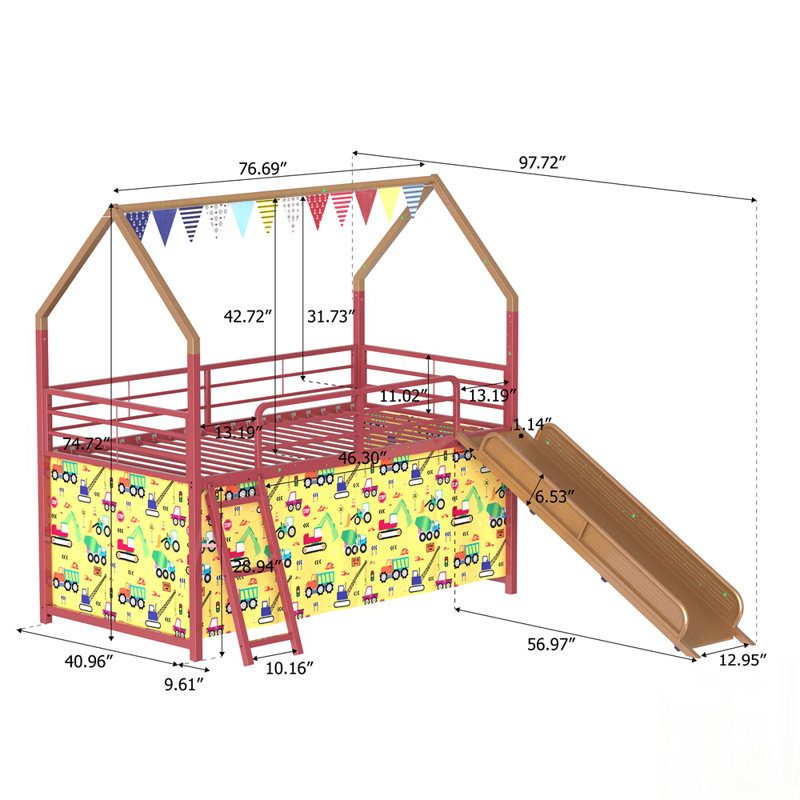 Ensemble de lit mezzanine avec glissade et rideau, idéal pour le jeu et le sommeil des enfants