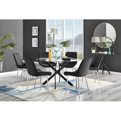 Tierra Modern Chrome Metal & Glass Round Dining Table Set with 6 Luxury Faux Leather Chairs