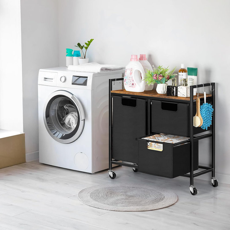 Trieur de linge roulant en métal avec poignées et, Noir / brun