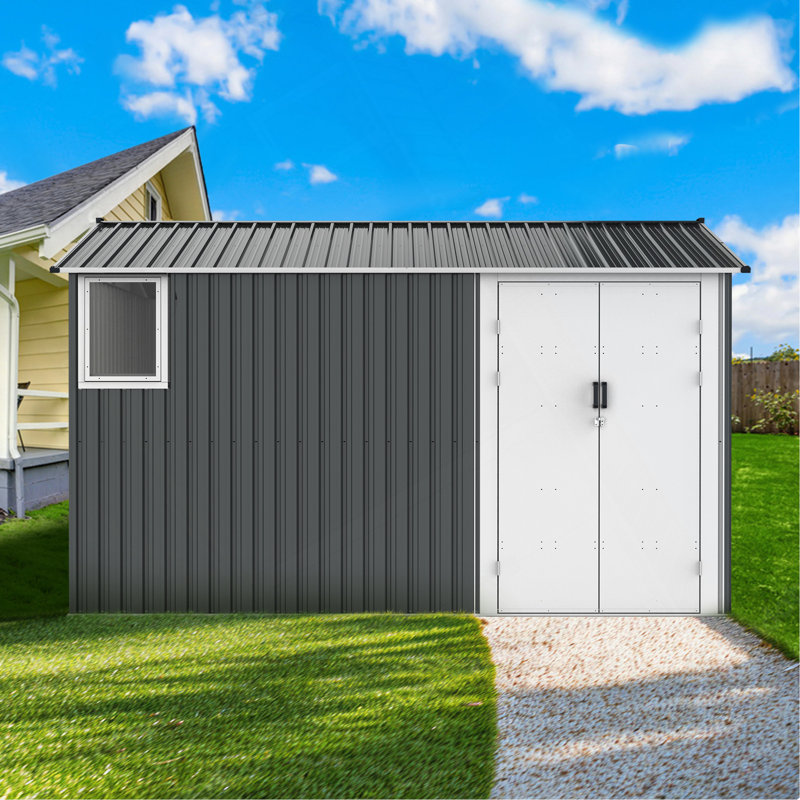 8X12 Ft Metal Outdoor Storage Shed With Window, Floor Base, Air Vents And Double Hinged Door
