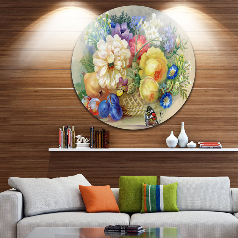 « grappe de fleurs et fruits », reproduction de peinture à l’huile sur métal, H 36 po x l 36 po x P 1 po