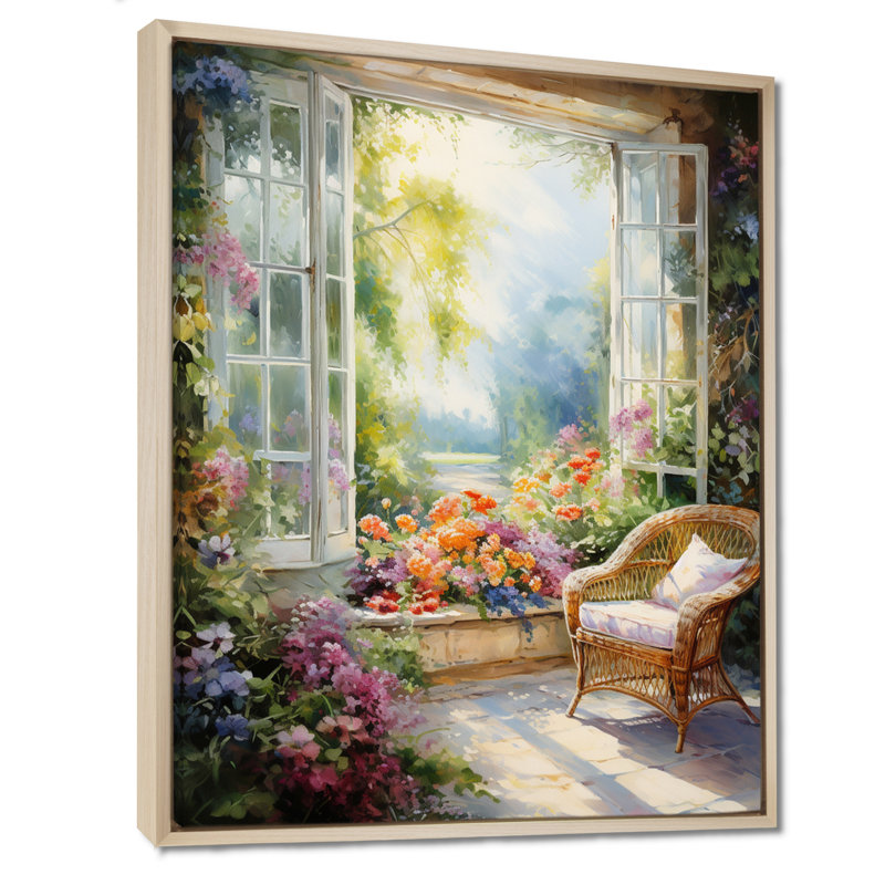 Orange et vert, fenêtre française vue III - fenêtre, art mural sur toile, Cadre flottant brun, H 32 po x l 16 po x P 1 po
