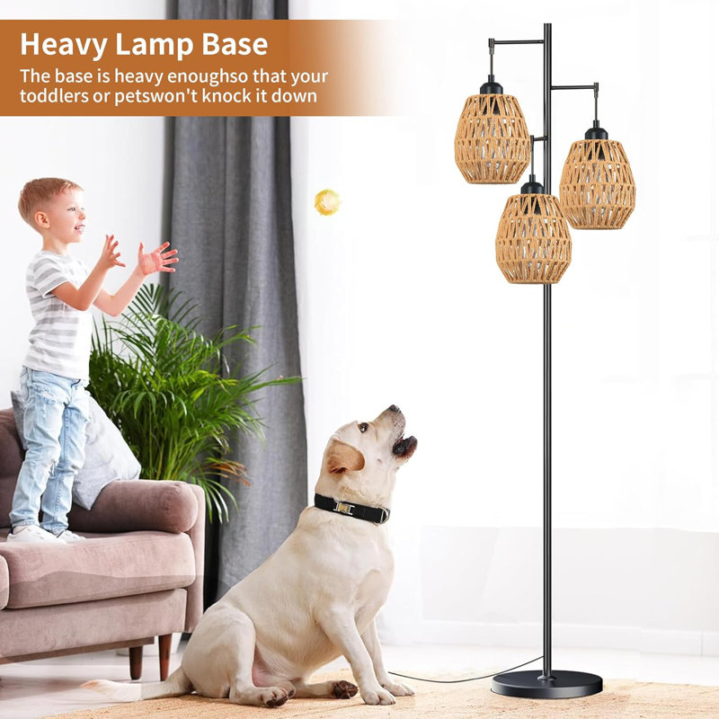 Boho Industrial Floor Lamp With 3 Rattan Woven Lampshades, Adjustable Tall Standing Light For Living Room, Bedroom, Office, And Corner Decor