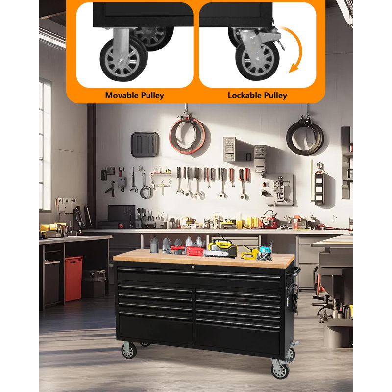 Grand coffre à outils à 9 tiroirs à roulettes, armoire de rangement pour outils mobile de 61 po avec roulettes et plateau en bois, coffre à outils de garage avec doublure antidérapante pour entrepôt, atelier