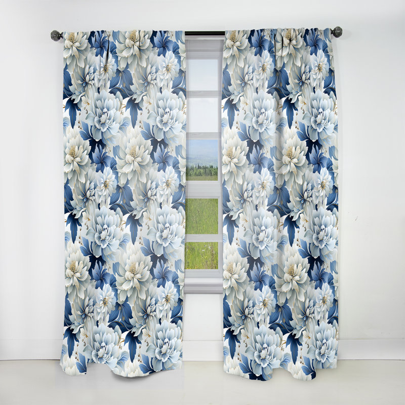 Rideau damassé obscurcissant à motif floral damassé blanc et bleu Misty - 1 panneau, L 52 po x L 90 po