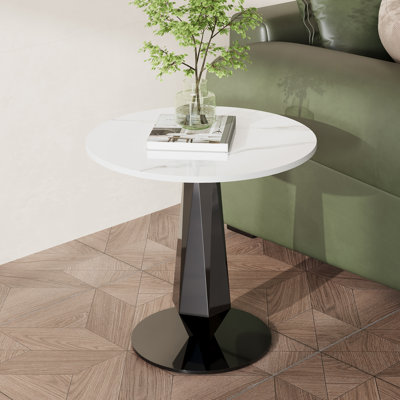 White Faux Marble End Table, Side Table Diamond-Shaped Base for Bedroom, Living Room