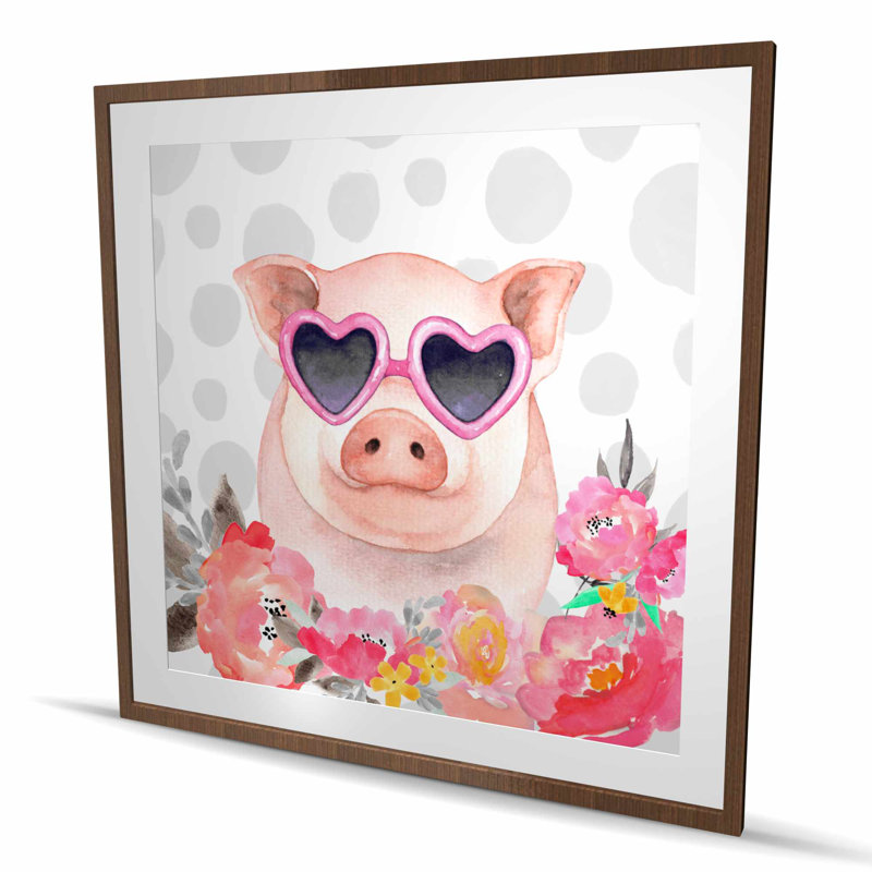Petit cochon amoureux - impression de fleurs roses encadrées