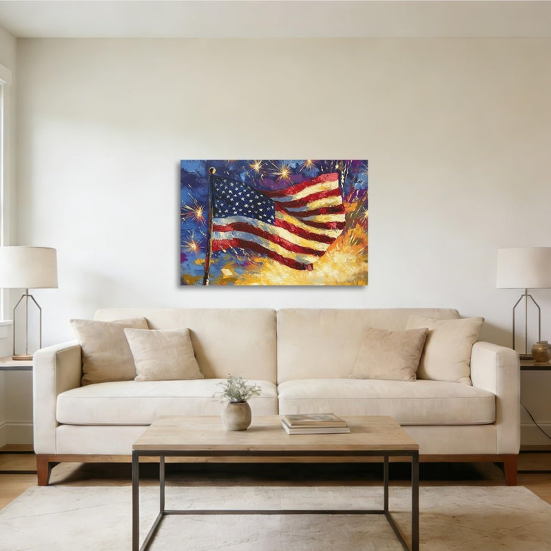 Feux d'artifice drapeau américain, peinture à l'huile sur toile, décoration murale 24 po x 16 po