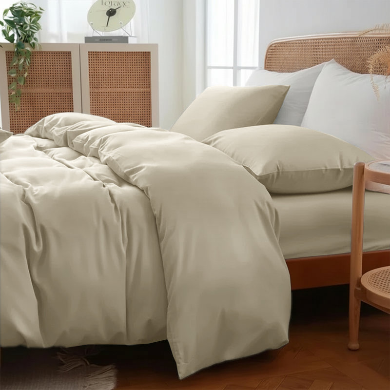 Plain Dyed Microfiber Duvet Cover Set with Pillowcases (3-Piece), Double Duvet + 2 Additional Pieces, Beige