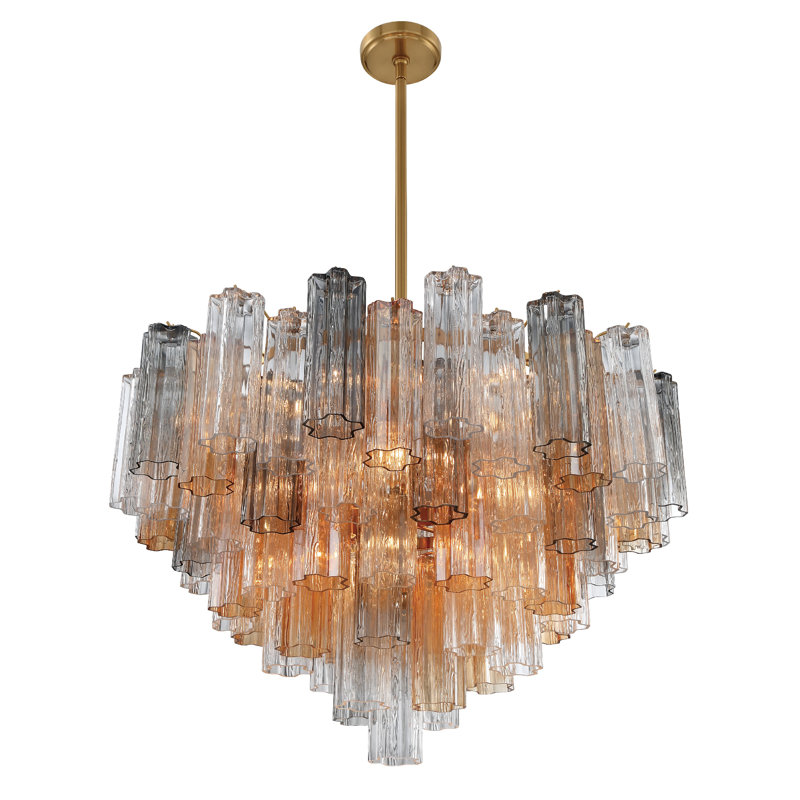 Dimmable Tiered Chandelier, Aged Brass, Gray/Yellow, 21.5" H x 32" W x 32" D
