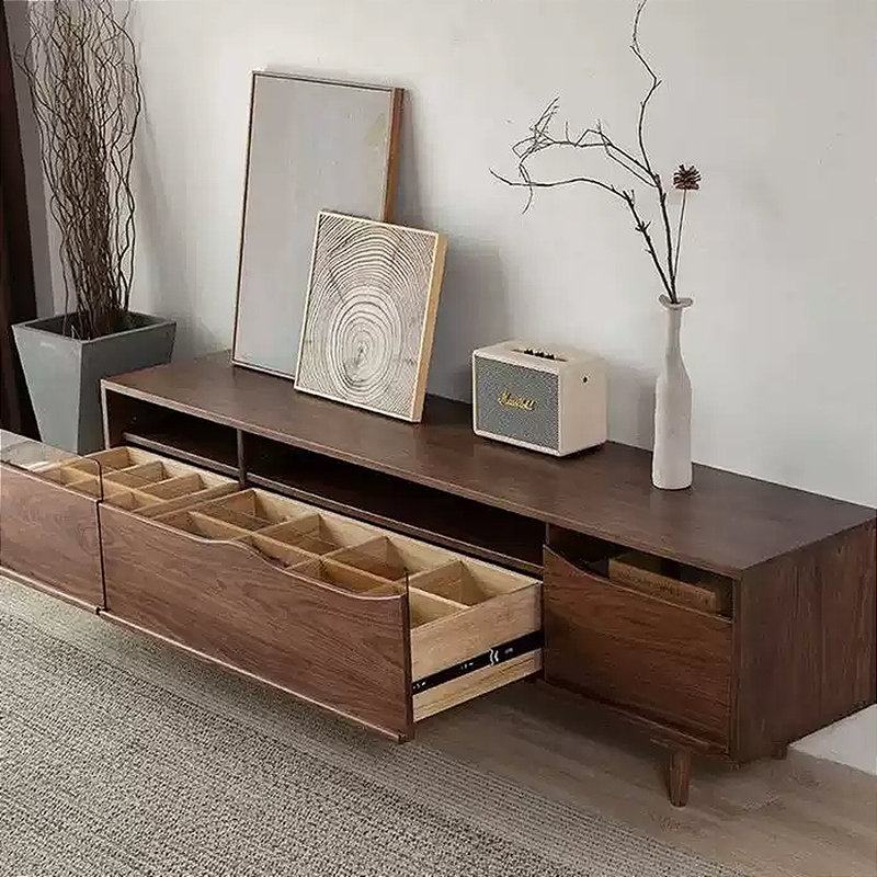 Meuble télé simple en bois massif noyer noir