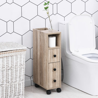 Freestanding Compact Design Bathroom Cabinet With 2 Open Cabinets, 1 Door Cabinet, 1 Drawer And 4 Rolling Wheels, Oak Grain Color