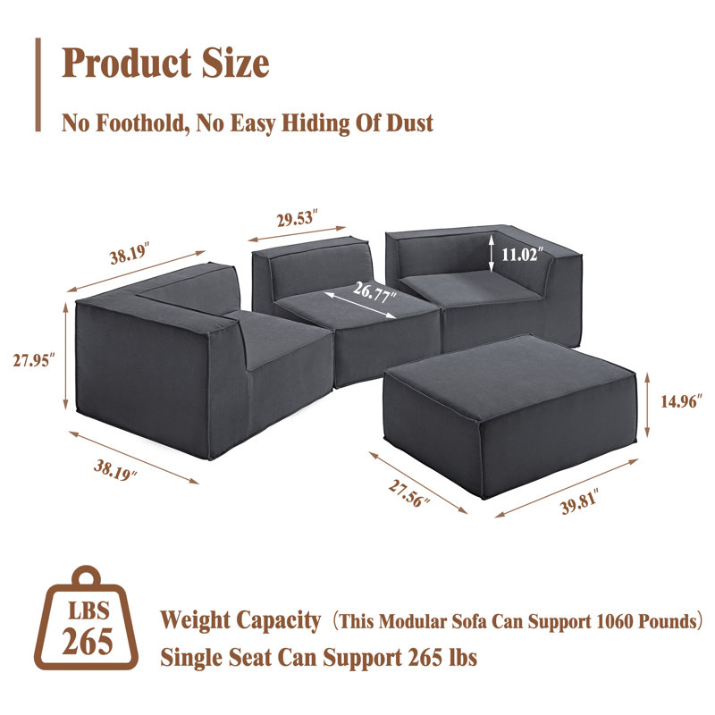 Canapé modulaire à compression avec siège extra profond, canapé rembourré réversible avec repose-pieds amovibles, canapé en chenille confortable avec méridienne moderne, canapé convertible 4 places pour le salon, l’appartement,