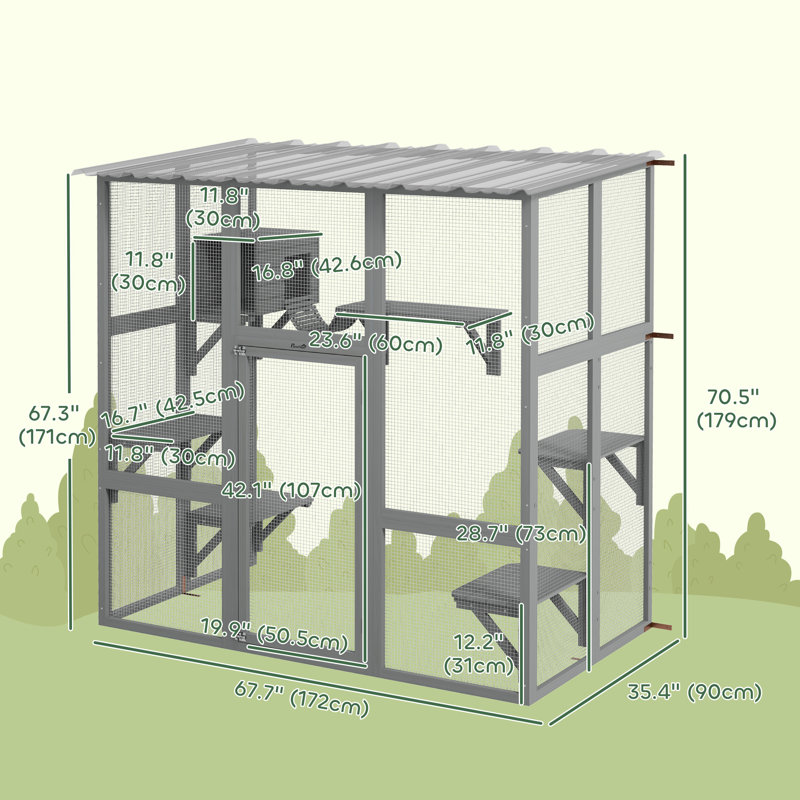 Gray Wooden Outdoor Cat House with Platforms and Bridge