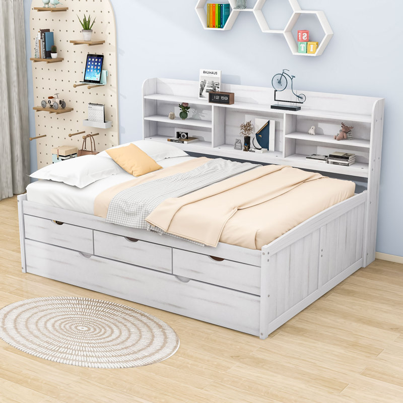 3 Drawers Wood Platform Bed with Shelves and Trundle, White, Full