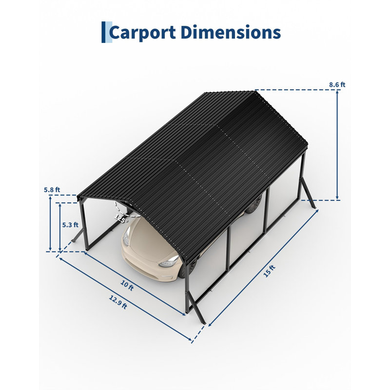 Permanent Metal Carport Kit - 10x15 FT with Reinforced Frame and Steel Roof for All-Weather Use, Shelter for Bass Boats, Sedans and Tractors