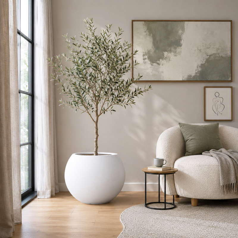 17" H x 21" Dia Round White Fiberstone Planter Pot with Drainage Hole, Extra Large Lightweight UV-Resistant Planter for Olive Trees, Monstera & Large Plants, Indoor Outdoor Patio, Porch & Garden