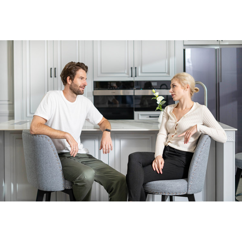 MINCETA Counter Height Bar Stools Set of 2, 26" Swivel Bar Stools with Solid Wood Legs, Farmhouse Upholstered Barstools with Nailhead Trim Design for Kitchen Island, Home Bar, Performance Fabric, Gray