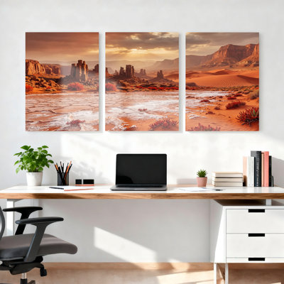 Desert Landscape With Rock Formations And Sand Dunes Canvas Wrapped Wall Art Set Of 3