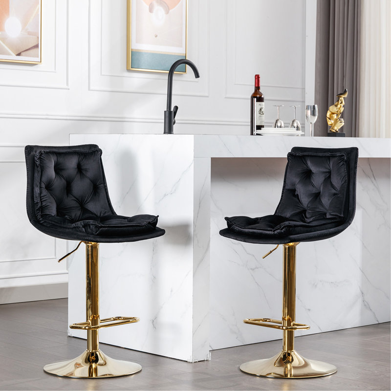 Set Of 2 Bar Stools,With Chrome Footrest And Base Swivel Height Adjustable Mechanical Lifting Velvet + Golden Leg Simple Bar Stoo,Black