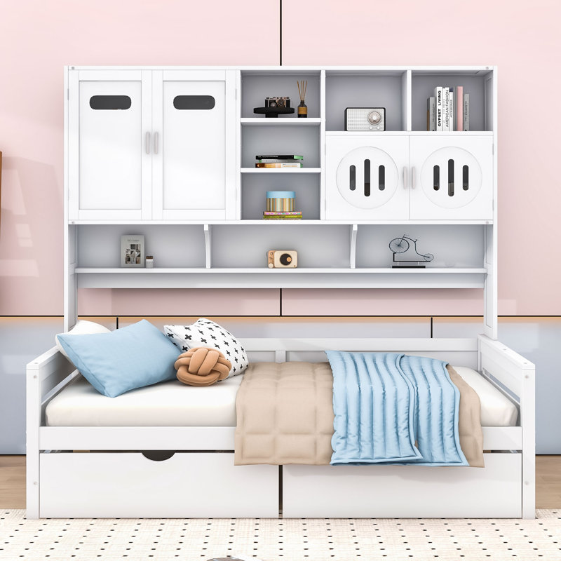 Wooden Daybed with Shelves and 2 Drawers, Twin, White