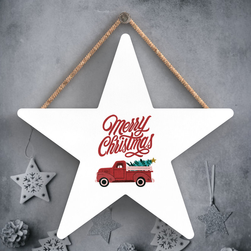Xmas Merry Christmas Truck Wooden Star Plaque