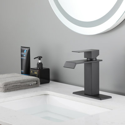 Single Handle Lavatory Sink Faucet - Waterfall Spout, Matte Black, Adjustable Temp Modern Style Bathroom Handle, Temperature
