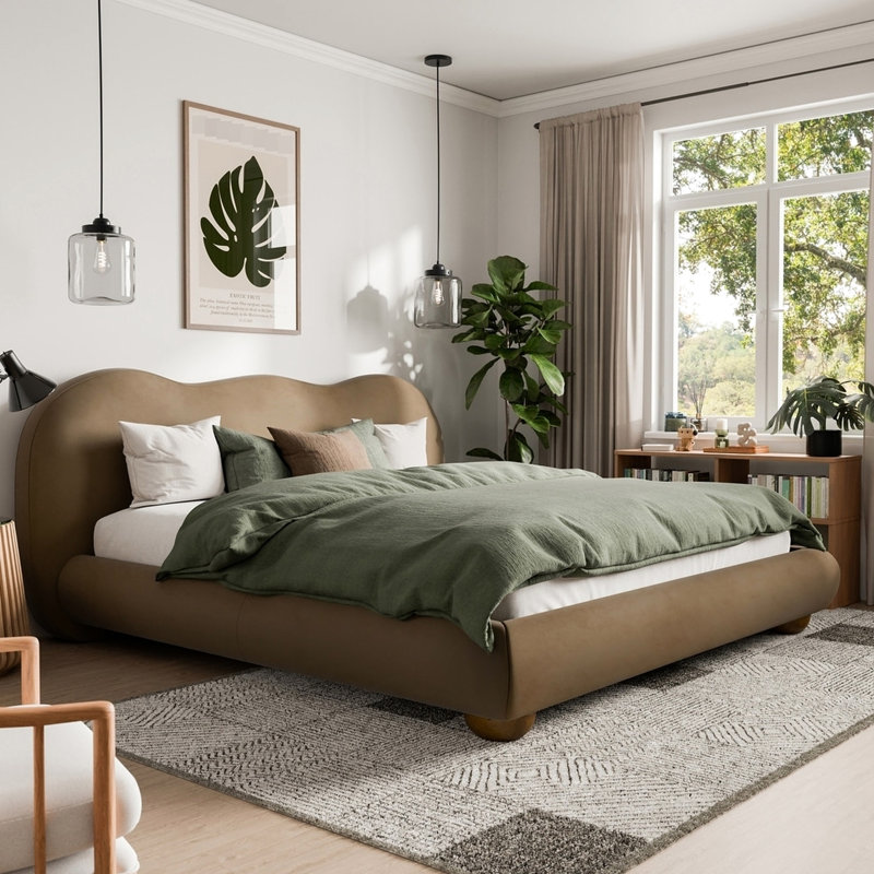 Très grand lit brun oriental avec pieds en bois rembourrés et bouclés, style contemporain, King, Brown