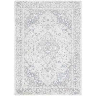 Tapis oriental gris / ivoire en laine / viscose tissé à la main
