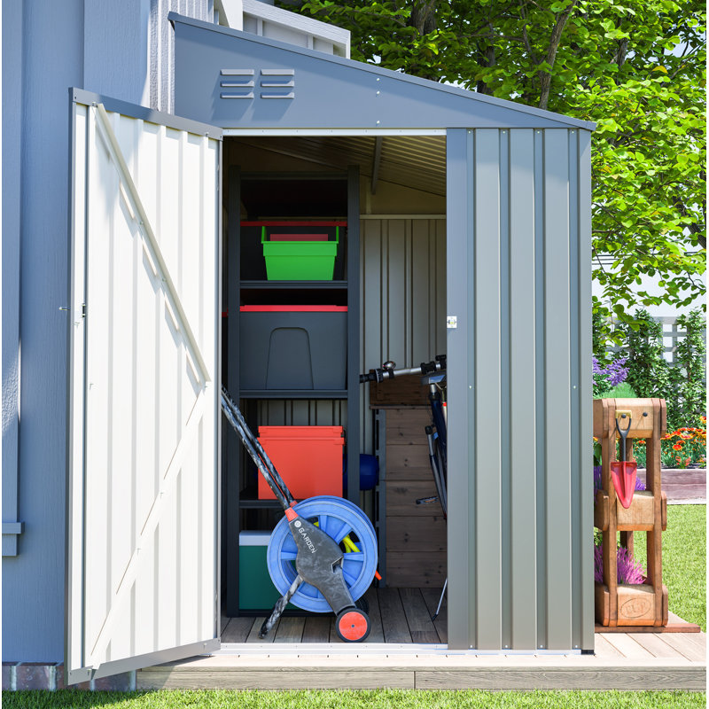 Remise adossée 4 pi x 7 pi en gris olive, rangement en acier robuste pour les outils de jardin et les vélos, maximisez votre cour et votre patio avec une protection toutes saisons