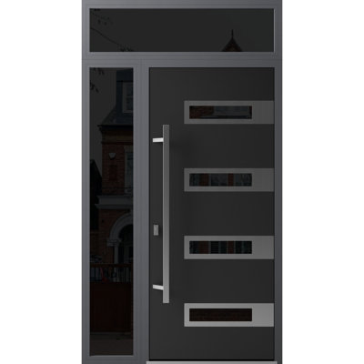 Façade avant en acier pré-suspendue / Ronex 0131 émaillée noire / fenêtre extérieure latérale et supérieure avec insert latéral en acier inoxydable / entrée en métal peint moderne l 36 po x H 80 po + 16 po à droite