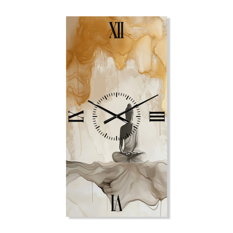 Bouddha en un seul souffle - Horloge murale décorative beige zen, 32" H x 16" W - Rectangle