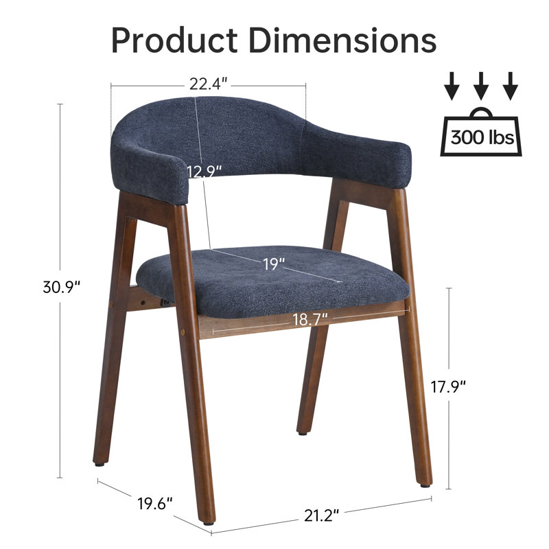 Mid-Century Modern Upholstered Dining Chair with Curved Back and Solid Wood Legs, Blue