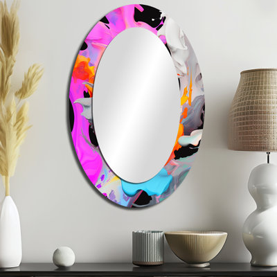 Peinture rose et bleue Fusion I - Miroir décoratif abstrait ovale sur métal
