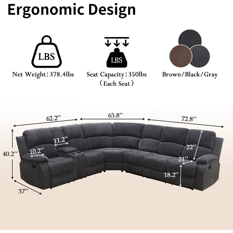 199" Wide Modern And Overstuffed Soft Manual Reclining Sectional With Cupholders And Storage (Set of 3), Black/Gray