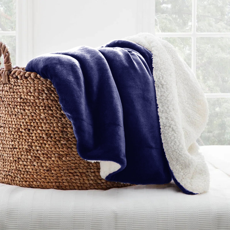 Ultra-Soft Sherpa Fleece Blanket(Reversible), 270cm x 230cm, Navy Blue