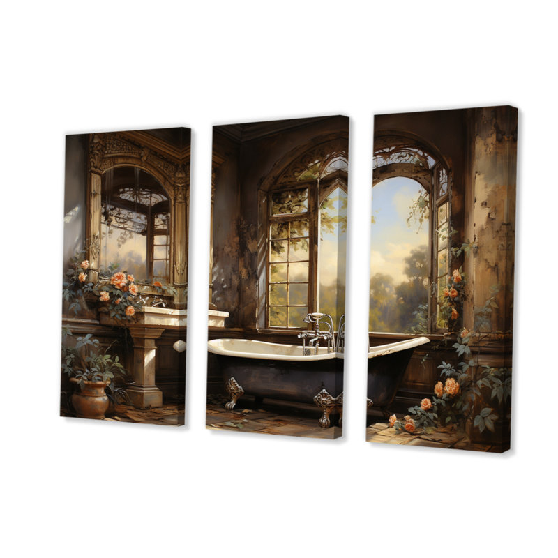 «Bathroom Vintage Elegance I» sur toile, ensemble de 3 pièces, H 32 po x l 48 po x P 1 po