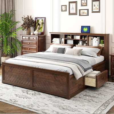 Lit plateforme très grand en bois avec tête de lit multi-rangements, USB et tiroirs, couleur bois antique