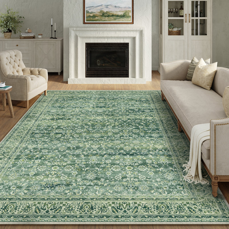  Vintage Floral Area Rug in Green, Rectangle 8' x 10'