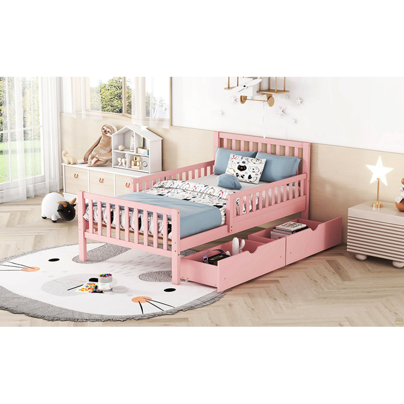 Lit plateforme simple en bois avec garde-corps des deux côtés et deux tiroirs de rangement, Lit simple, Rose