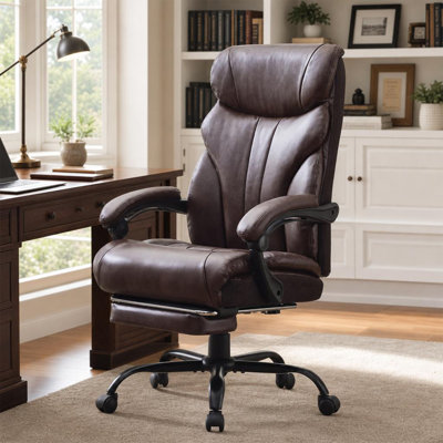 Fauteuil de direction avec repose-pieds, fauteuil en cuir de polyuréthane à haut dossier avec support lombaire, accoudoirs rabattables, appui-tête, verrou inclinable et base pivotante, capacité de 300 lb
