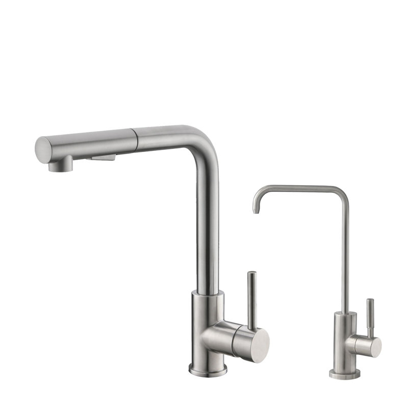 Robinet de cuisine rétractable à poignée simple en acier inoxydable avec robinet d'eau froide, Brossé