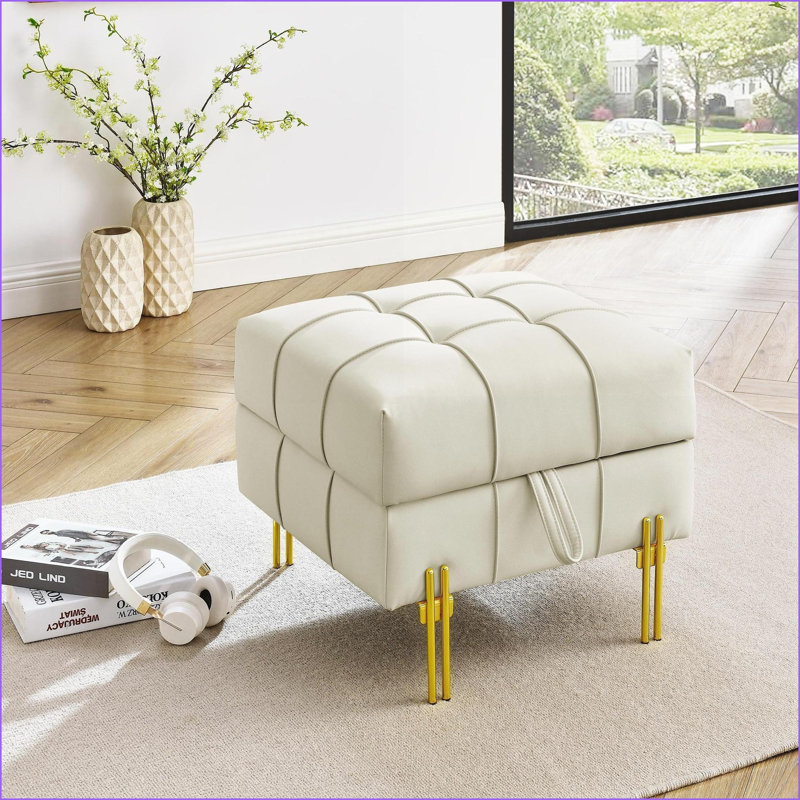Ottoman with Storage, Pet-Friendly Anti-Scratch Leather Entryway Bench, Tufted Beige | Golden Metal Legs, Beige