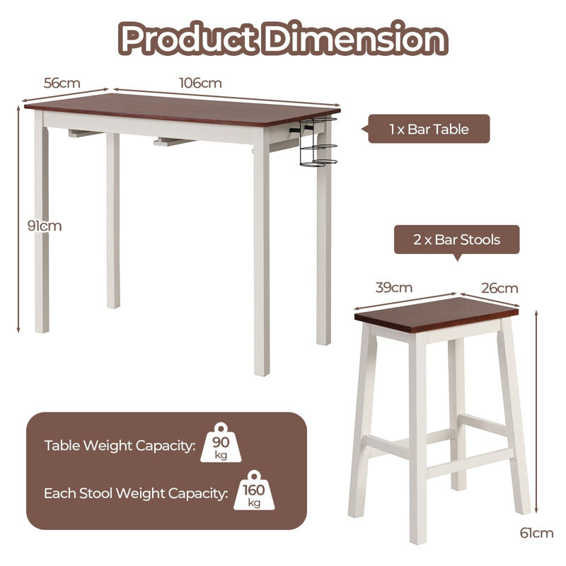 3-Piece Bar Table Set Kitchen Counter Height Pub Table W/Bar Stools Space-Saving