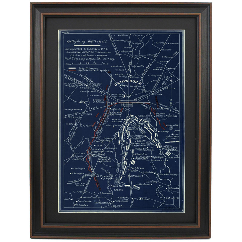 Carte du plan de la bataille de Gettysburg par Emmor Cope | Reproduction encadrée, H 36 po x l 26 po