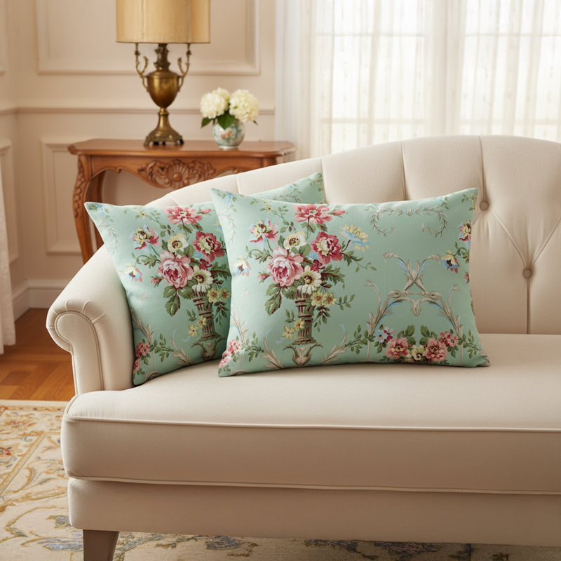 Washable Floral Print Cotton-Blend Pillowcase Set (2 Pieces), Teal Flower